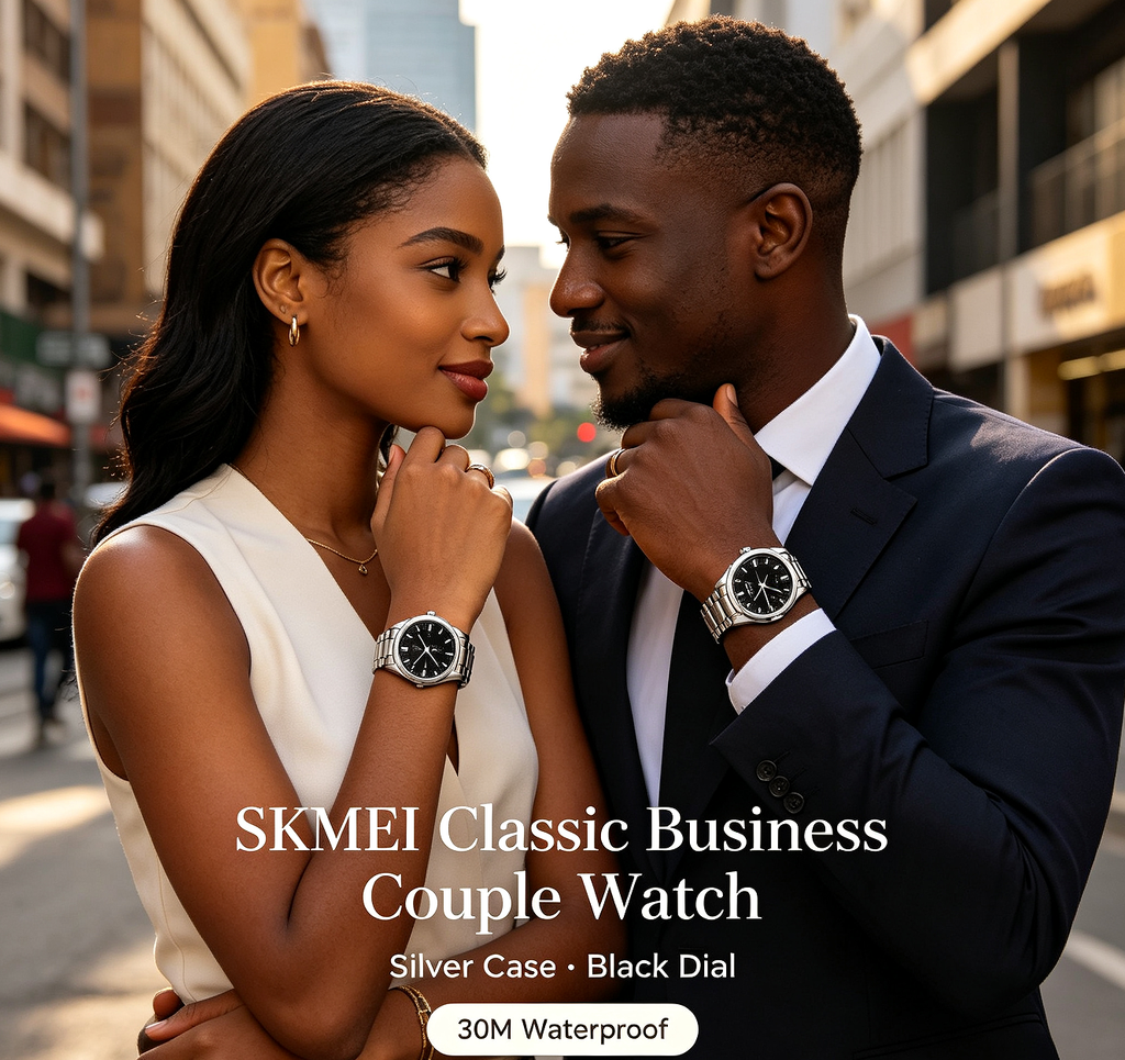 SKMEI Classic Business Couple Quartz Watch – Silver Case Black Dial Steel Band, 30M Waterproof, Calendar Display, Original Quartz Movement – Perfect Gift for Couples