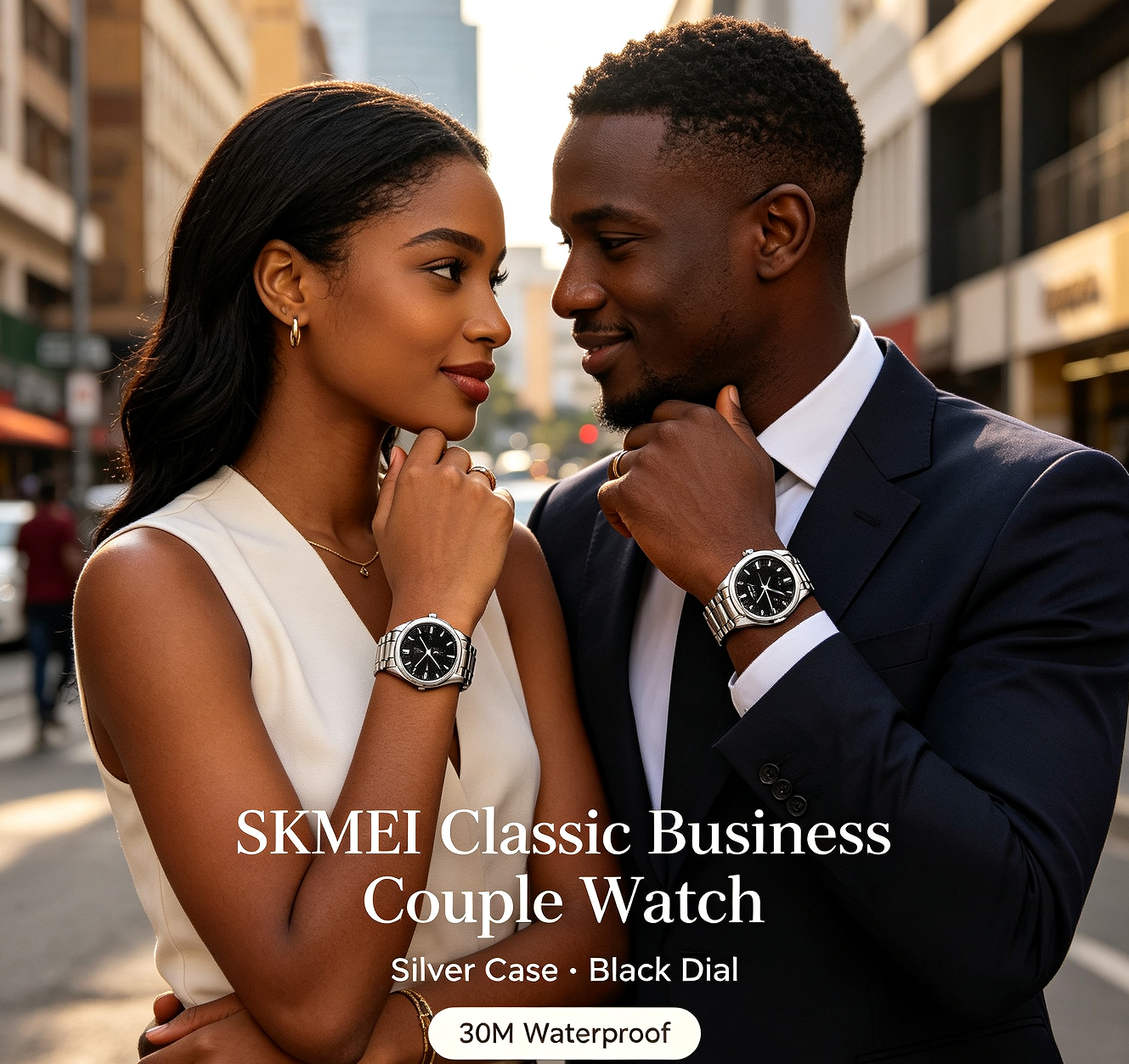 SKMEI Classic Business Couple Quartz Watch – Silver Case Black Dial Steel Band, 30M Waterproof, Calendar Display, Original Quartz Movement – Perfect Gift for Couples
