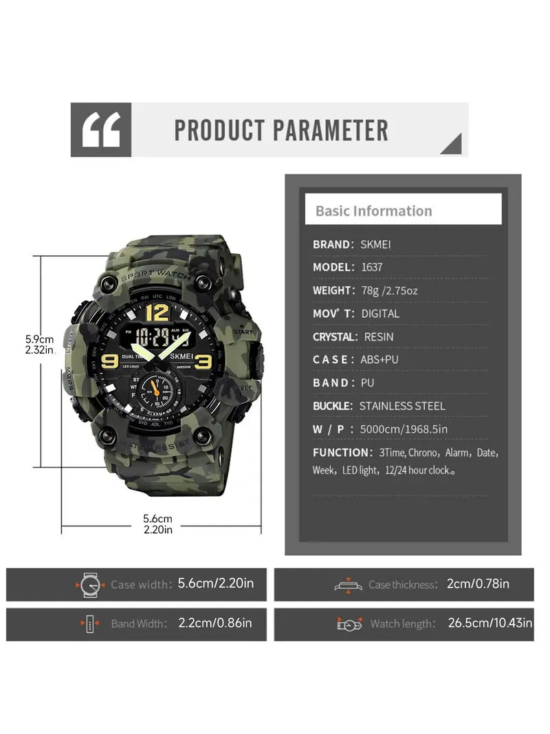 Skmei Men's Large Digital Dual-Display Sport Watch – Military Green Camouflage, 50m Waterproof, Night Light, Dual Time, Multifunction – Ideal for Parties & Gifts