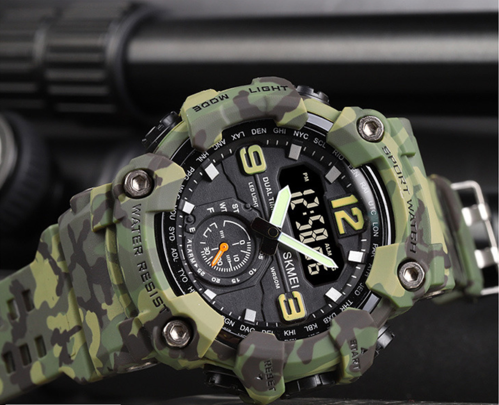 Skmei Men's Large Digital Dual-Display Sport Watch – Military Green Camouflage, 50m Waterproof, Night Light, Dual Time, Multifunction – Ideal for Parties & Gifts