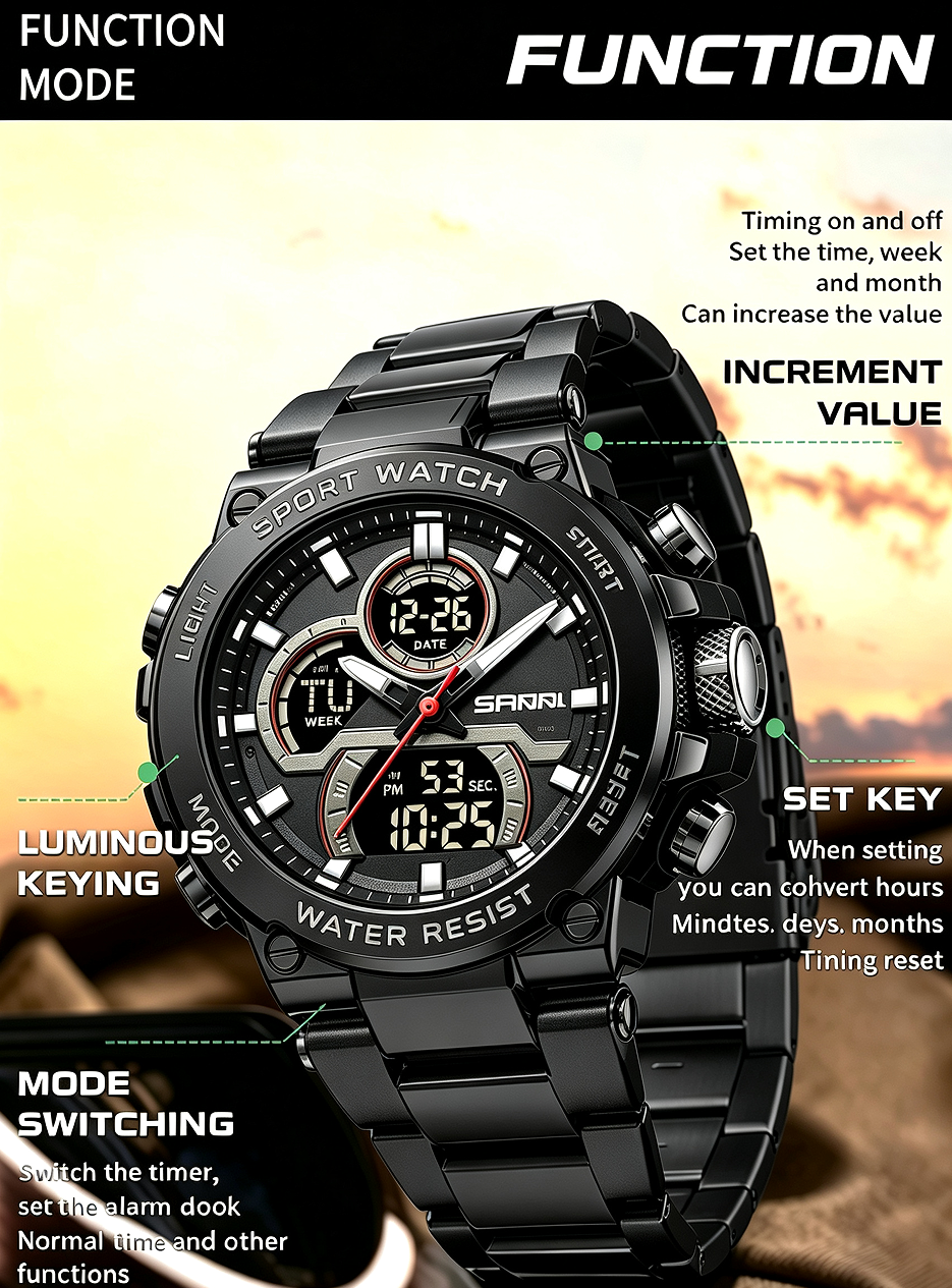 Sanda 6183 Steel Band Black Electronic Quartz Watch – Steel Core, 50M Waterproof, Multifunctional Alarm, Luminous Display – Men‘s Wristwatch