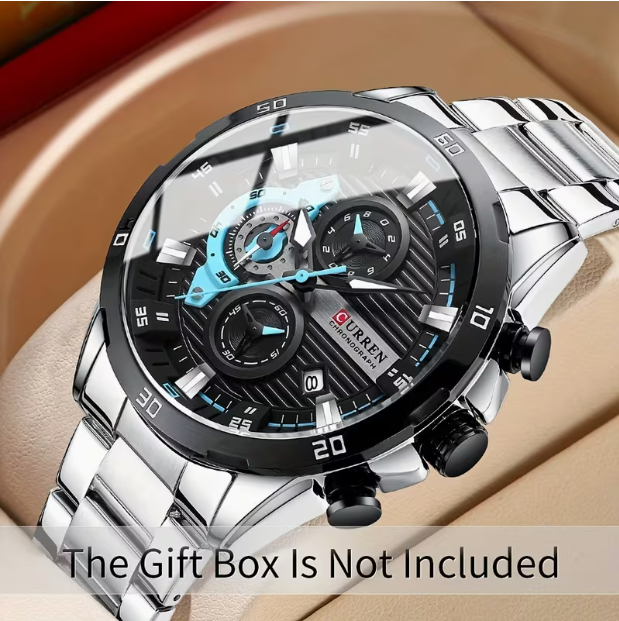 CURREN 8402 Men‘s Six-Hand Steel Band Quartz Business Watch – 47mm Large Dial, Luminous Display, Calendar & Week, 30M Waterproof, Chronograph – Business & Sports Versatile Style