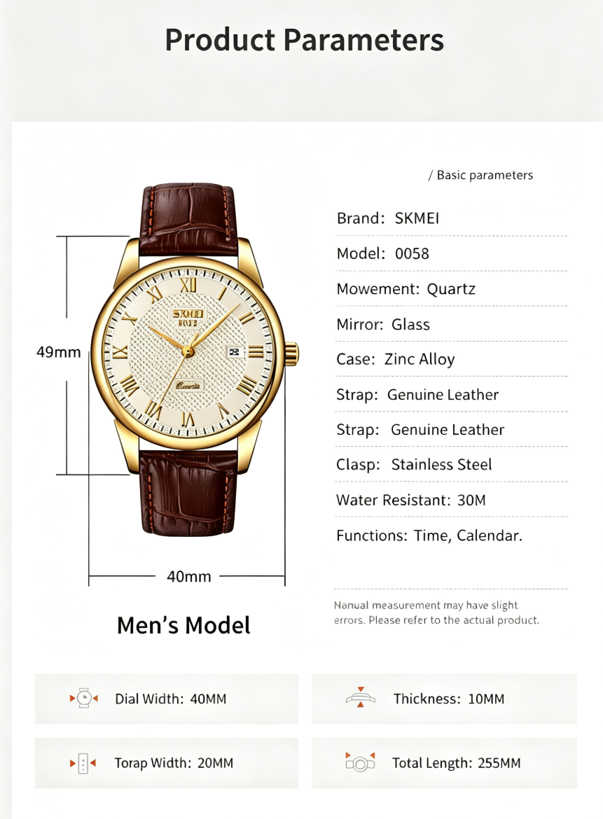 SKMEI 9058 Classic Vintage Couple Quartz Watch – Japanese MIYOTA Movement, 30M Waterproof, Genuine Leather Strap, Calendar Display – Retro Business Style for Men & Women