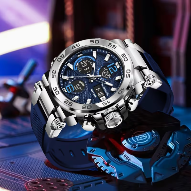 FOXBOX New Multifunctional Fashion Sports Dual-Display Watch – Silver & Blue Silicone Men's Watch, Waterproof Luminous Electronic Analog – Versatile for Daily & Sports Wear