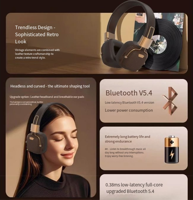 2026 New M11 Retro Over-Ear Bluetooth Headphones – Multi-EQ Wireless Music, Fashionable Brown Vintage Leather Design – Perfect for Daily Style & Music