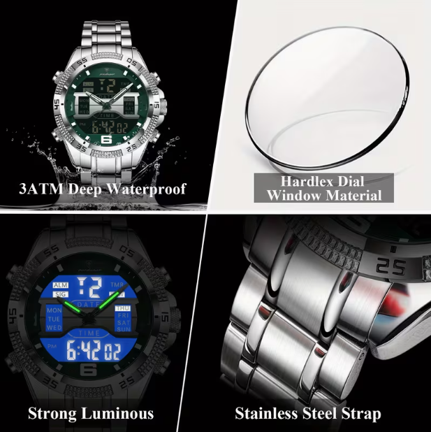 Swiss Brand Multifunctional Dual-Display Luminous Men‘s Watch – Silver Case Green Dial Steel Band, 30M Waterproof, Business & Sports Versatile Style