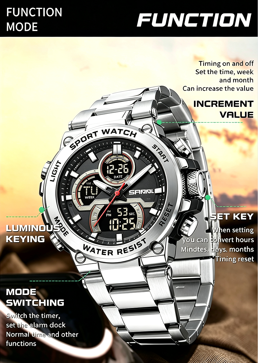 Sanda 6183 Steel Band Silver Electronic Quartz Watch – Steel Core, 50M Waterproof, Multifunctional Alarm, Luminous Display – Men‘s Wristwatch