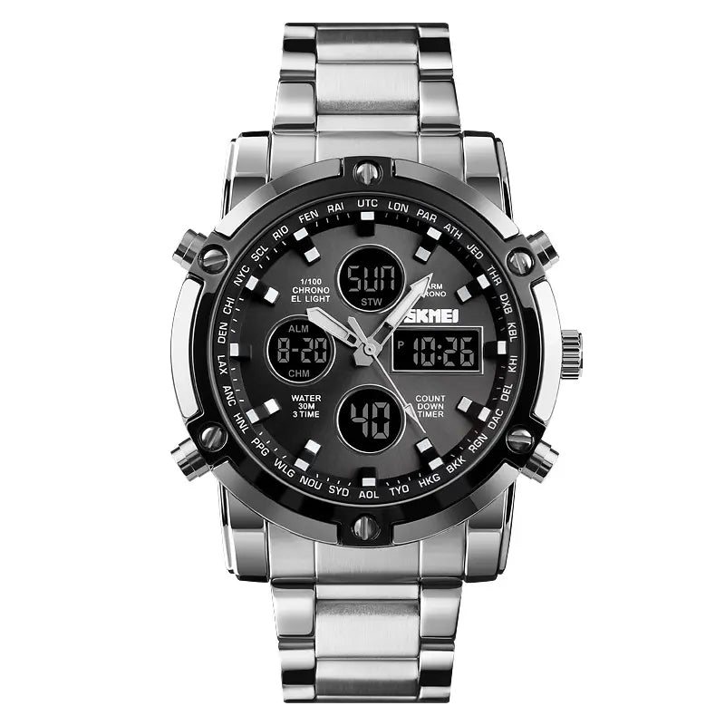 SKMEI Mensfashion Wristwatch - 48mm Round Face Metal Case, 30M Waterproof, Stainless Steel Strap, 3 Time Zones, Nightlight, Dual Time Display, Timer, Calendar, Alarm, Adults Gifts, Fashion Men's Accessories🎵 Free Shipping & Cash on Delivery 📊