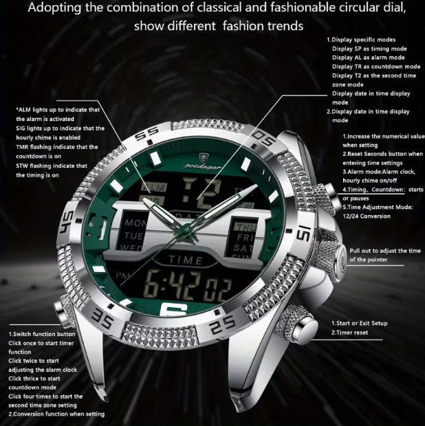 Swiss Brand Multifunctional Dual-Display Luminous Men‘s Watch – Silver Case Green Dial Steel Band, 30M Waterproof, Business & Sports Versatile Style