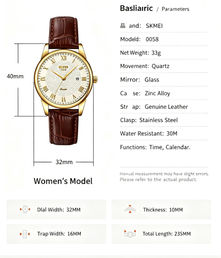 SKMEI 9058 Classic Vintage Couple Quartz Watch – Japanese MIYOTA Movement, 30M Waterproof, Genuine Leather Strap, Calendar Display – Retro Business Style for Men & Women