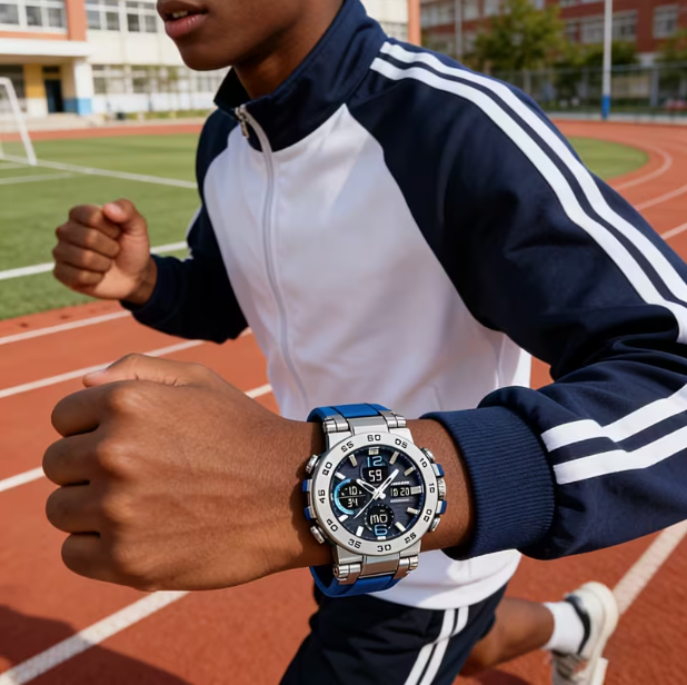 FOXBOX New Multifunctional Fashion Sports Dual-Display Watch – Silver & Blue Silicone Men's Watch, Waterproof Luminous Electronic Analog – Versatile for Daily & Sports Wear