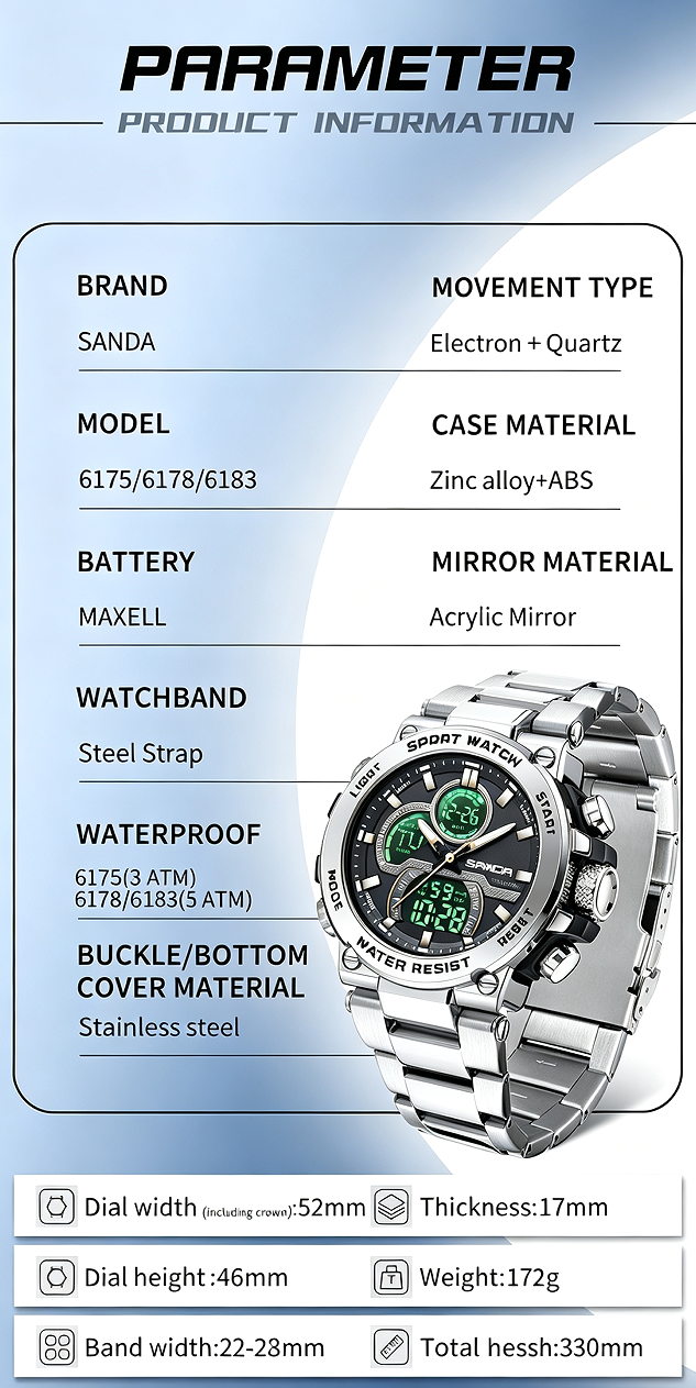 Sanda 6183 Steel Band Silver Electronic Quartz Watch – Steel Core, 50M Waterproof, Multifunctional Alarm, Luminous Display – Men‘s Wristwatch