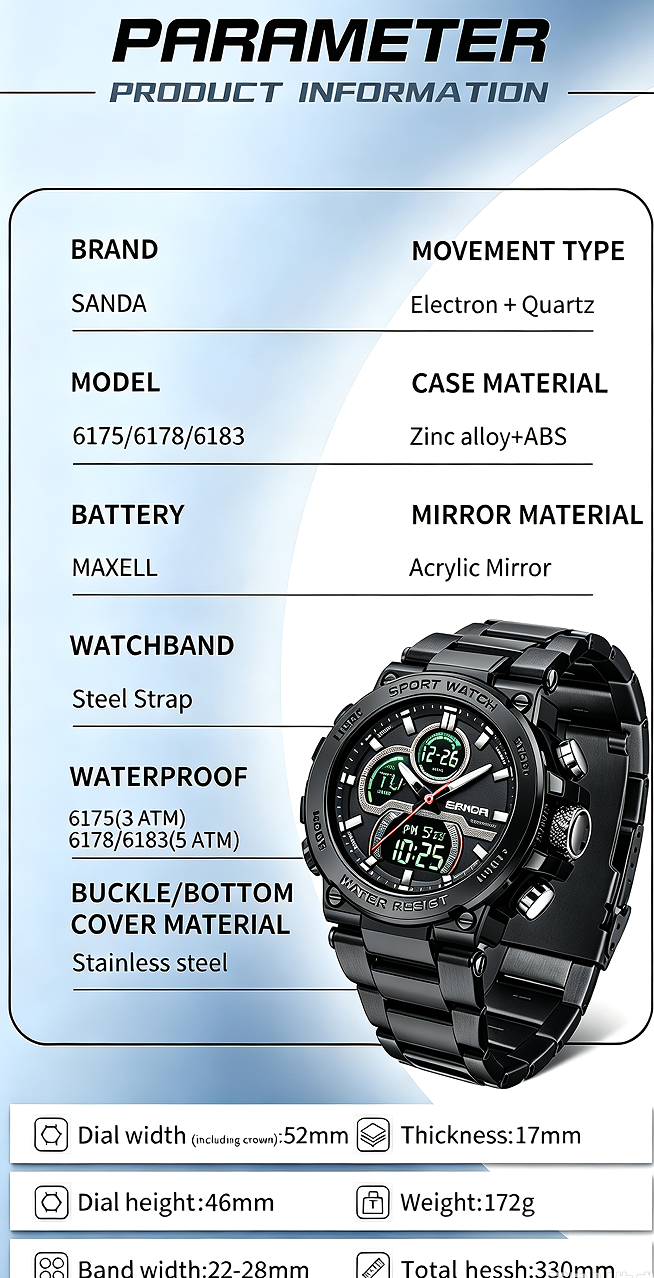Sanda 6183 Steel Band Black Electronic Quartz Watch – Steel Core, 50M Waterproof, Multifunctional Alarm, Luminous Display – Men‘s Wristwatch