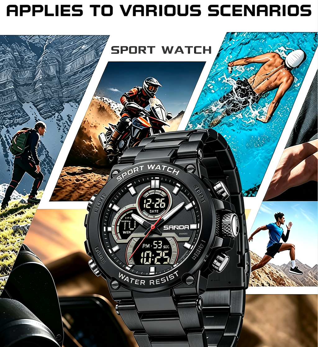 Sanda 6183 Steel Band Black Electronic Quartz Watch – Steel Core, 50M Waterproof, Multifunctional Alarm, Luminous Display – Men‘s Wristwatch
