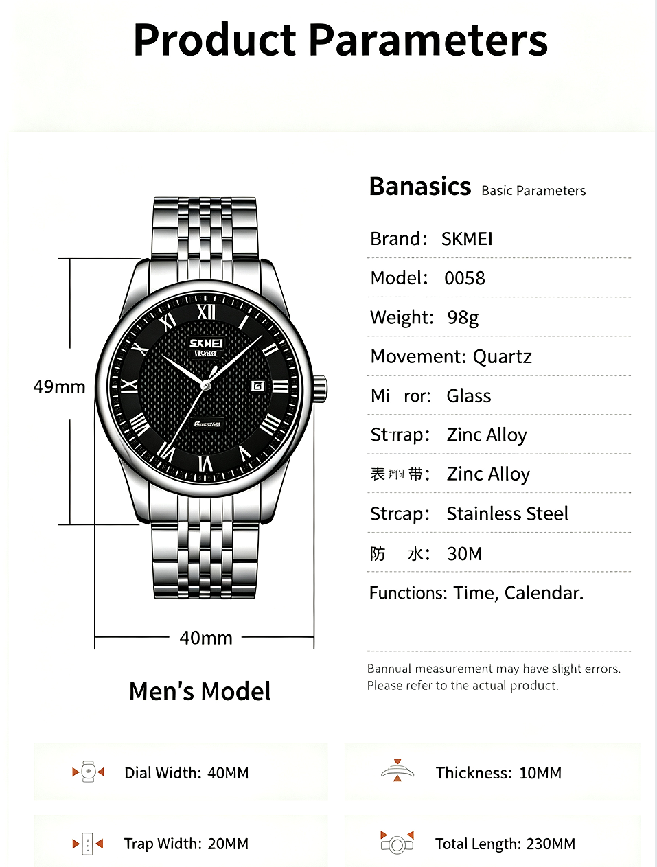 SKMEI Classic Business Couple Quartz Watch – Silver Case Black Dial Steel Band, 30M Waterproof, Calendar Display, Original Quartz Movement – Perfect Gift for Couples