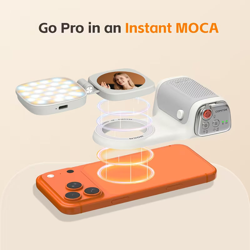 📸 Cash on Delivery 💡 COMITOK MOCA Handheld Phone Grip – Mirror + LED Fill Light, One-Tap Camera, Rechargeable Remote for Creators – Free Shipping
