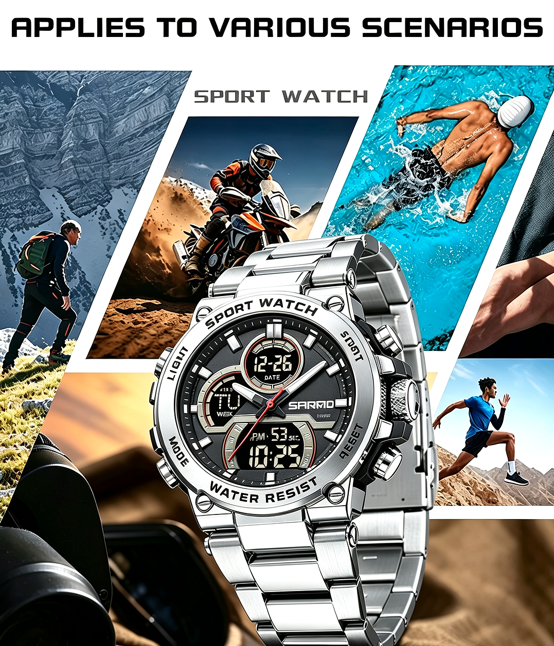 Sanda 6183 Steel Band Silver Electronic Quartz Watch – Steel Core, 50M Waterproof, Multifunctional Alarm, Luminous Display – Men‘s Wristwatch