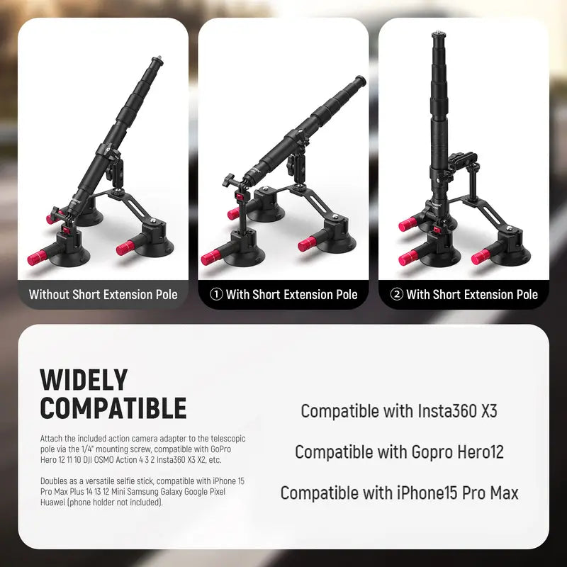 Aluminum Alloy 3-Cup Triple Suction Car Phone Mount - Strong Hold Auto Accessory for GoPro, DJI Osmo Action and Windshield POV Filming