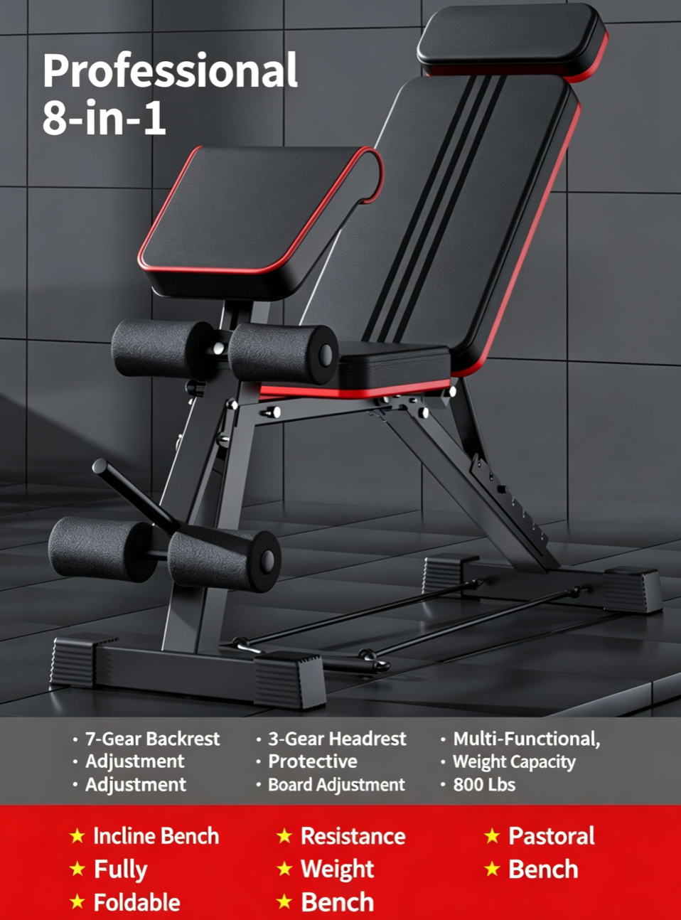 Foldable Weight Bench, 400lbs Weight Capacity , Weight Plate Not Included, Workout Bench Press for Home Gym, Banco Para Hacer Ejercicio Incline Decline Sit up Workout Equipment, Leg Extension and Preacher Pad for Full Body Strength Training