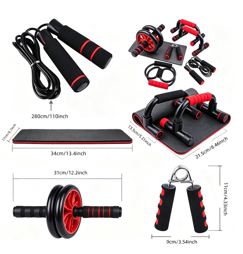 7-Piece Complete Abdominal Workout Equipment Set, including push-up stands, ab roller, mini mat, resistance bands, skipping rope and hand gripper - Strengthen core, build muscle and burn fat