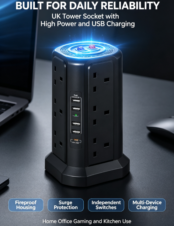 Vertical Power Strip Tower – 3250W/13A, Individual Switches, Surge Protection