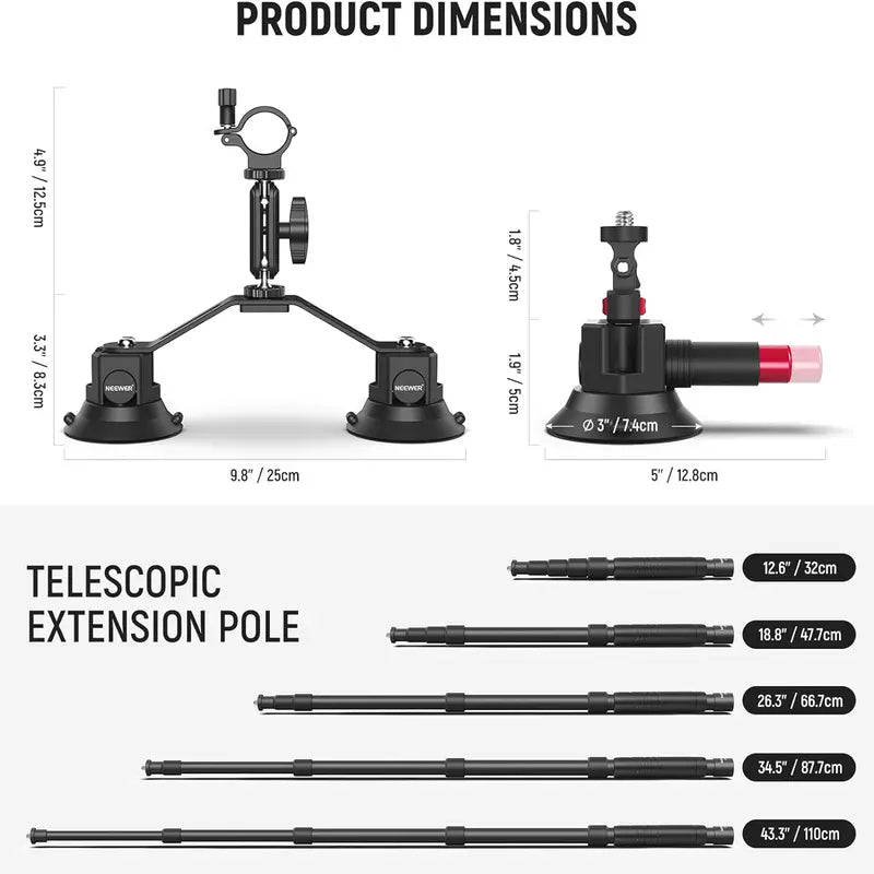 Aluminum Alloy 3-Cup Triple Suction Car Phone Mount - Strong Hold Auto Accessory for GoPro, DJI Osmo Action and Windshield POV Filming