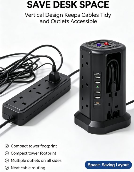 Vertical Power Strip Tower – 3250W/13A, Individual Switches, Surge Protection
