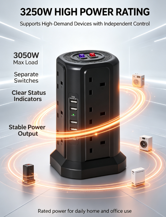 Vertical Power Strip Tower – 3250W/13A, Individual Switches, Surge Protection