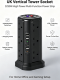 Vertical Power Strip Tower – 3250W/13A, Individual Switches, Surge Protection