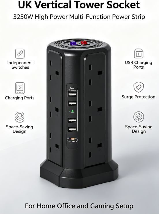 Vertical Power Strip Tower – 3250W/13A, Individual Switches, Surge Protection