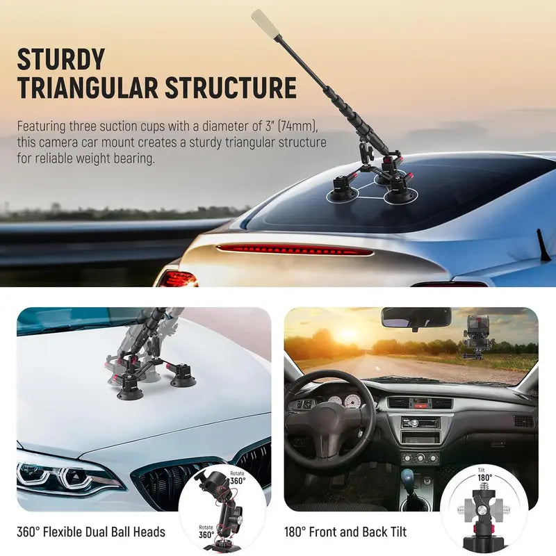 Aluminum Alloy 3-Cup Triple Suction Car Phone Mount - Strong Hold Auto Accessory for GoPro, DJI Osmo Action and Windshield POV Filming