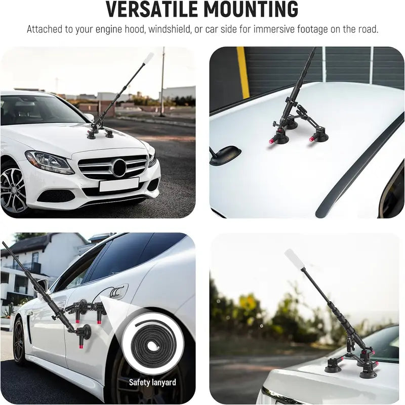 Aluminum Alloy 3-Cup Triple Suction Car Phone Mount - Strong Hold Auto Accessory for GoPro, DJI Osmo Action and Windshield POV Filming