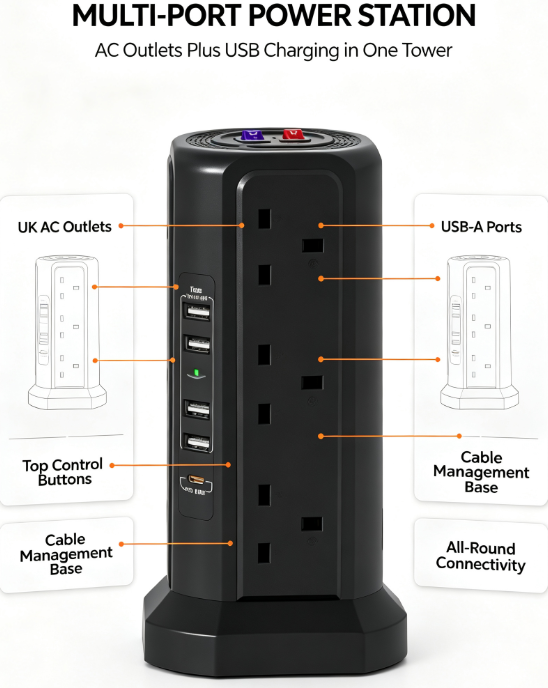 Vertical Power Strip Tower – 3250W/13A, Individual Switches, Surge Protection