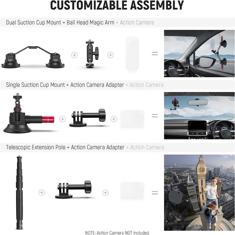 Aluminum Alloy 3-Cup Triple Suction Car Phone Mount - Strong Hold Auto Accessory for GoPro, DJI Osmo Action and Windshield POV Filming