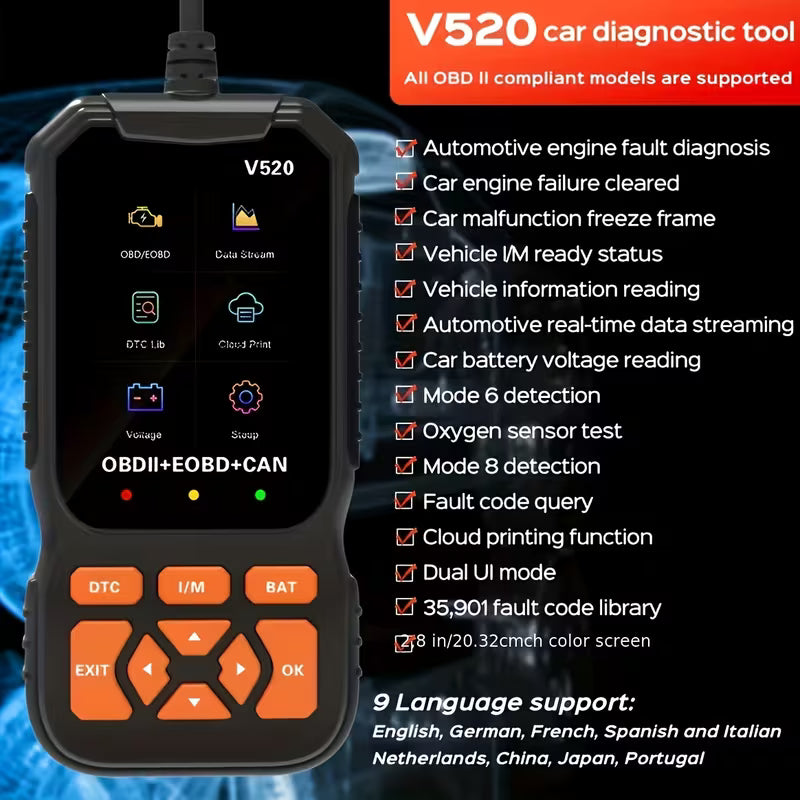 OBD2 Scanner – Engine Code Reader & Reset Tool, Compatible with All OBDII/EOBD Vehicles (No Battery Required)