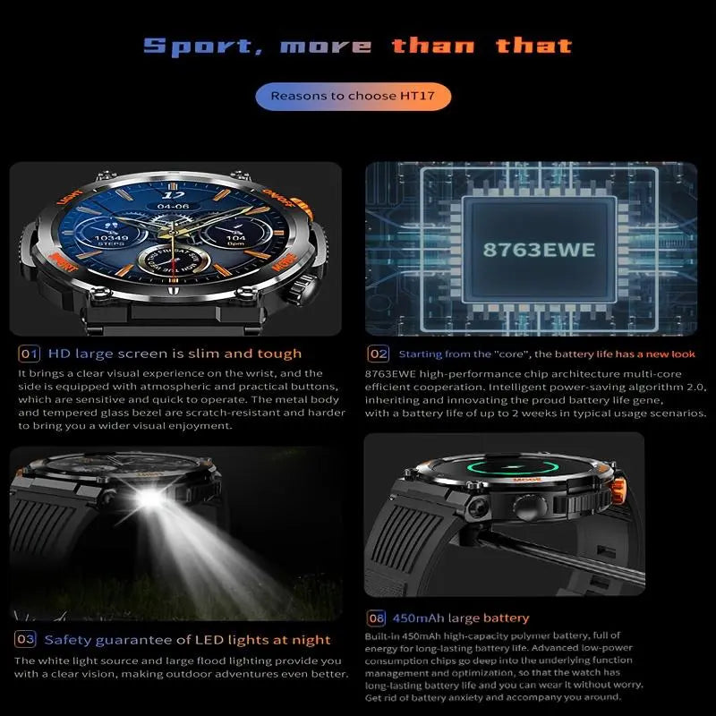 1.46 Inch HD Screen Smartwatch – Multi‑functional Outdoor Sports Fitness Tracker with Wireless Calling, Multi‑sport Mode, Pedometer, LED Light & IP67 Waterproof – Compatible with Android & iOS