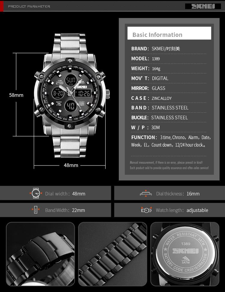 SKMEI Mensfashion Wristwatch - 48mm Round Face Metal Case, 30M Waterproof, Stainless Steel Strap, 3 Time Zones, Nightlight, Dual Time Display, Timer, Calendar, Alarm, Adults Gifts, Fashion Men's Accessories🎵 Free Shipping & Cash on Delivery 📊