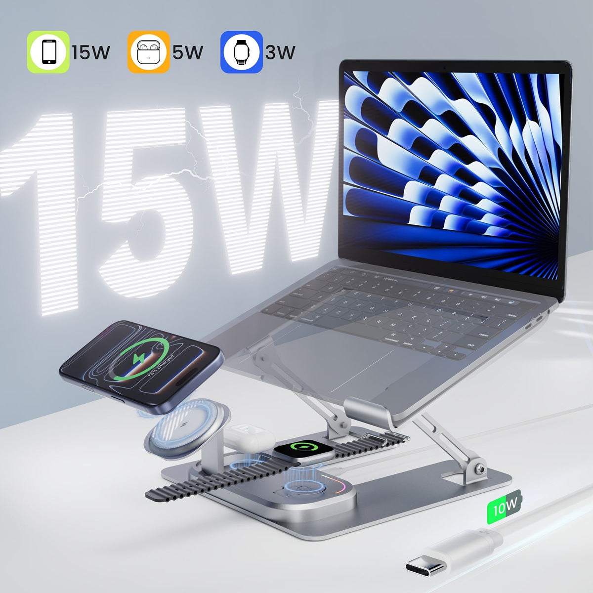 foldable aluminum laptop stand 3 in 1 wireless charging