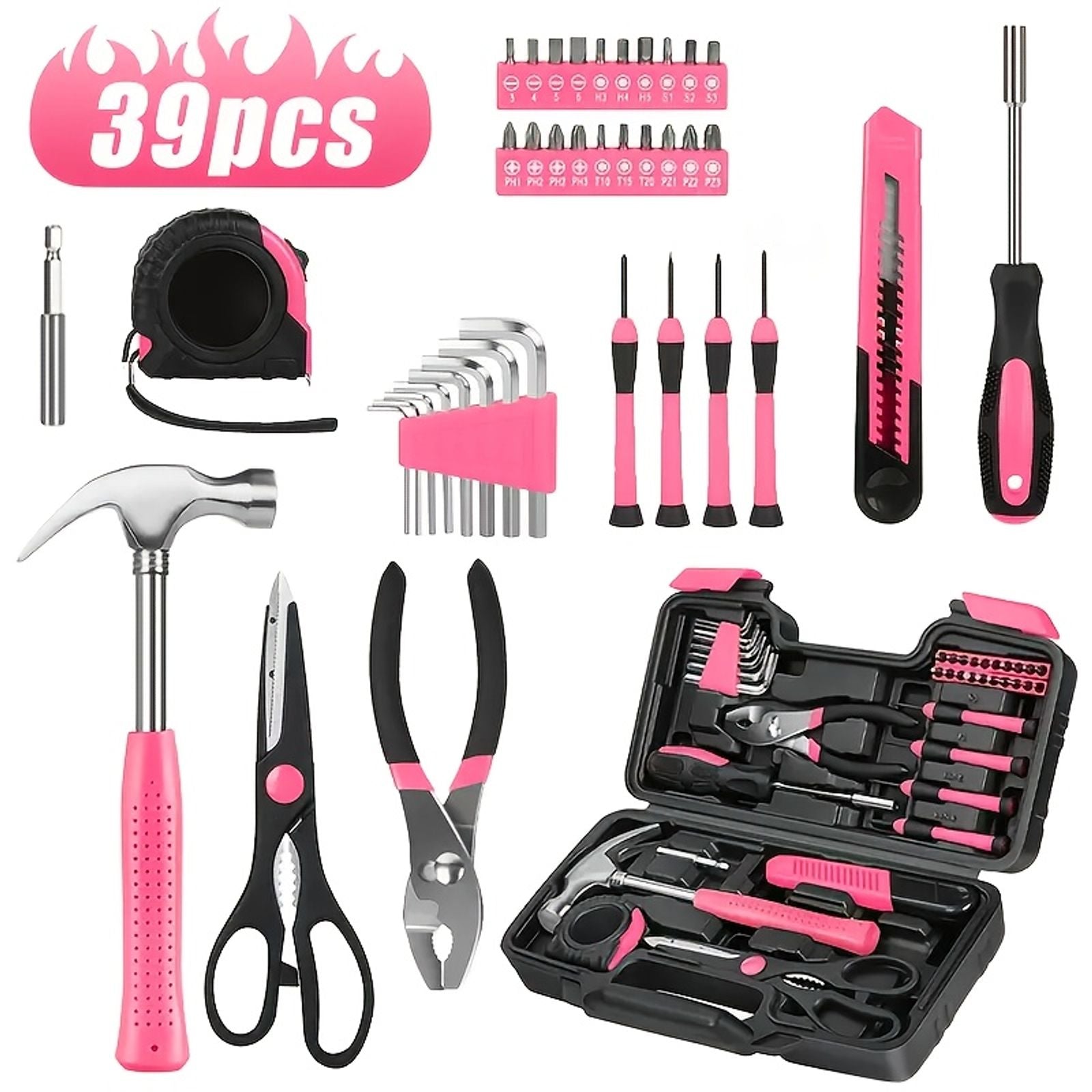 39pcs pink tool kit screwdriver utility knife image 5
